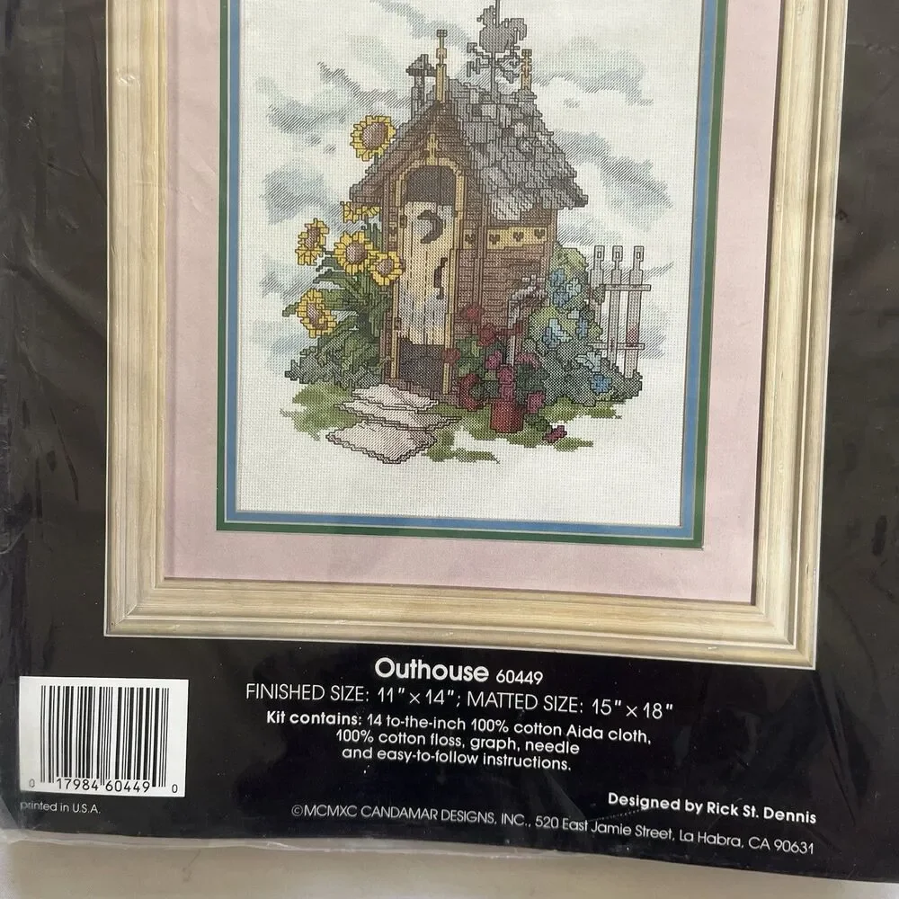 NEW Vintage 1990 Golden Bee Counted Cross Stitch Kit Outhouse Sunflowers #60449